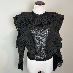 Whimsigoth Black Blouse Size Large Sheer Laser Cut Pleats Witchy NWOT